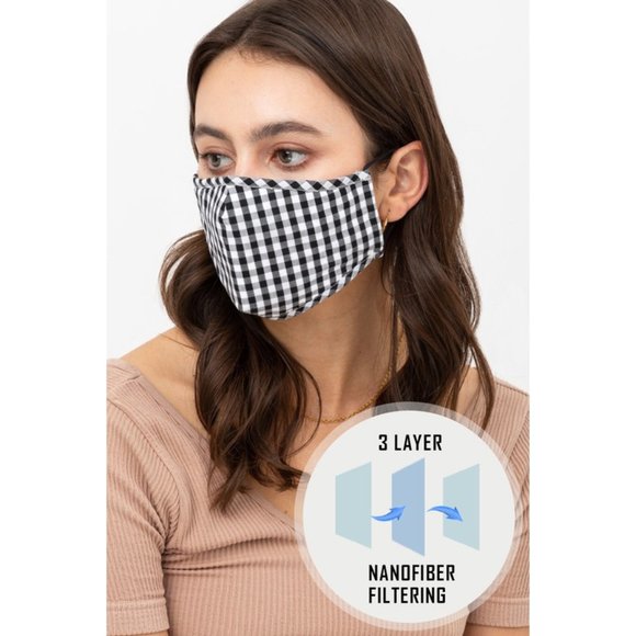 Gingham Reusable 3 Layers Filter Pocket Face Mask - Picture 2 of 9